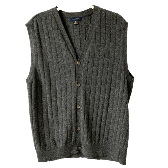 Club Room Wool Button Up Sweater Vest Men M Dark Gray Ribbed Knit V-Neck Grandpa - Picture 1 of 6